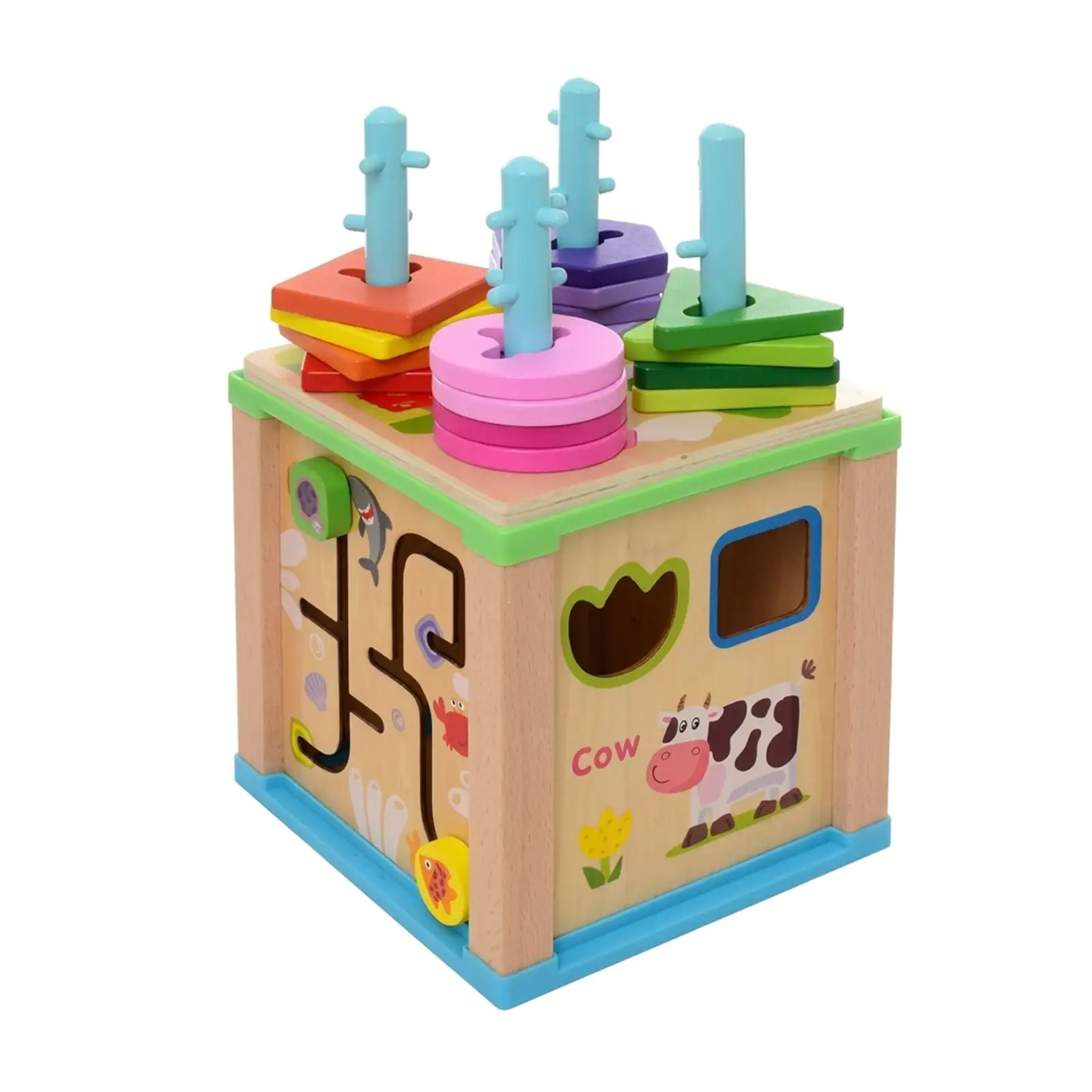 5-in-1 Montessori Wooden Activity Cube & Shape Sorter