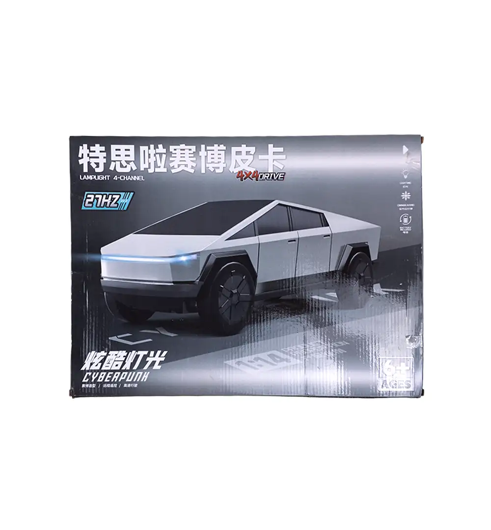 Scale: 1:14 Large Scale Drive System: 4x4 (4-Wheel Drive) Frequency: 27MHz 4-Channel Control Design: Futuristic "Cyberpunk" geometric aesthetic with metallic silver finish. Special Features: Integrated LED front light bar, rugged off-road tires, and realistic 4x4 suspension. 