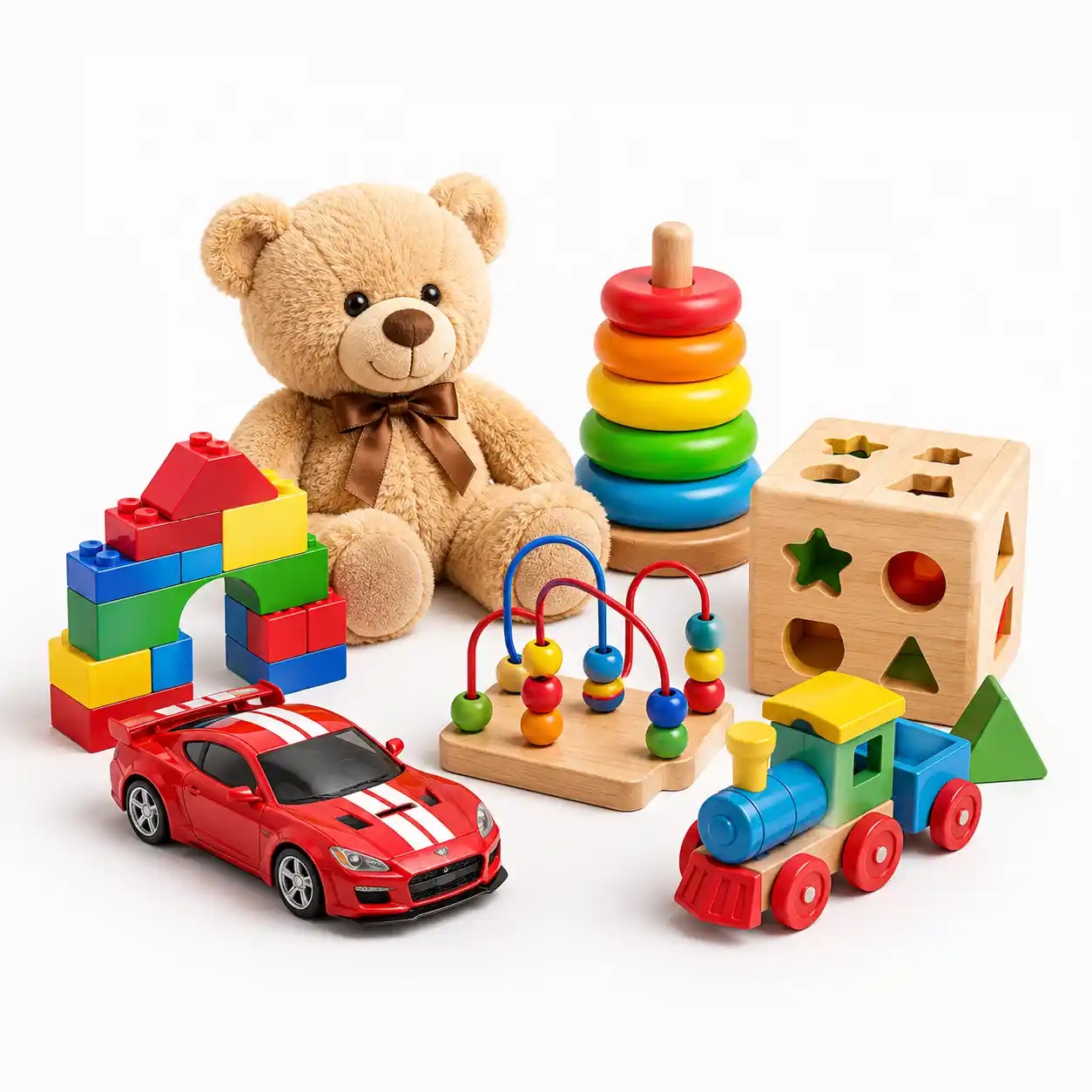 Assorted kids toys including teddy bear and stacking rings – quality toys for children at noq.mv Maldives