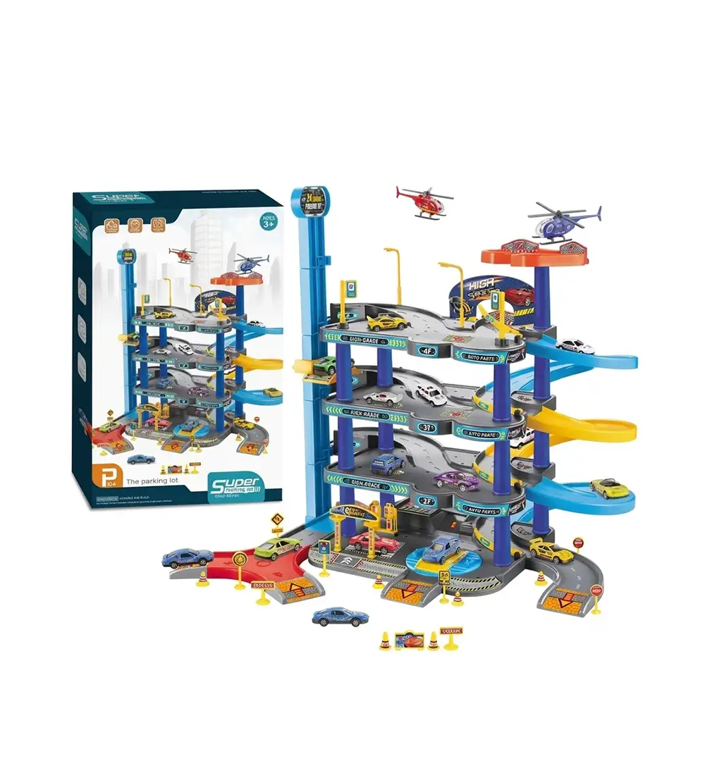 4-Level Toy Parking Garage Playset with Spiral Race Tracks & Helipad 10 Parking Garage Playset
