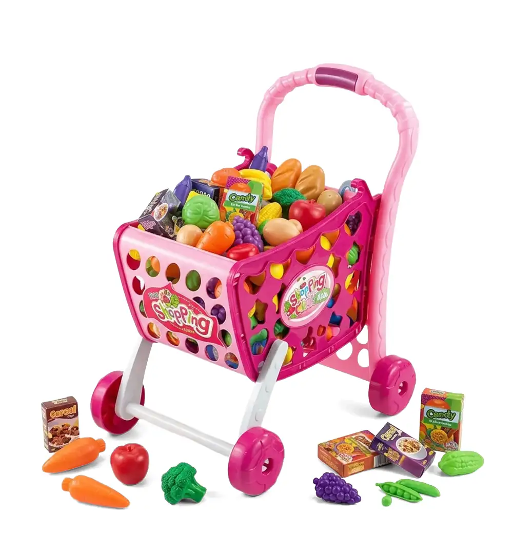3-in-1 Kids Shopping Cart Playset with Play Food Accessories (Pink) 8 Kids Shopping Cart
