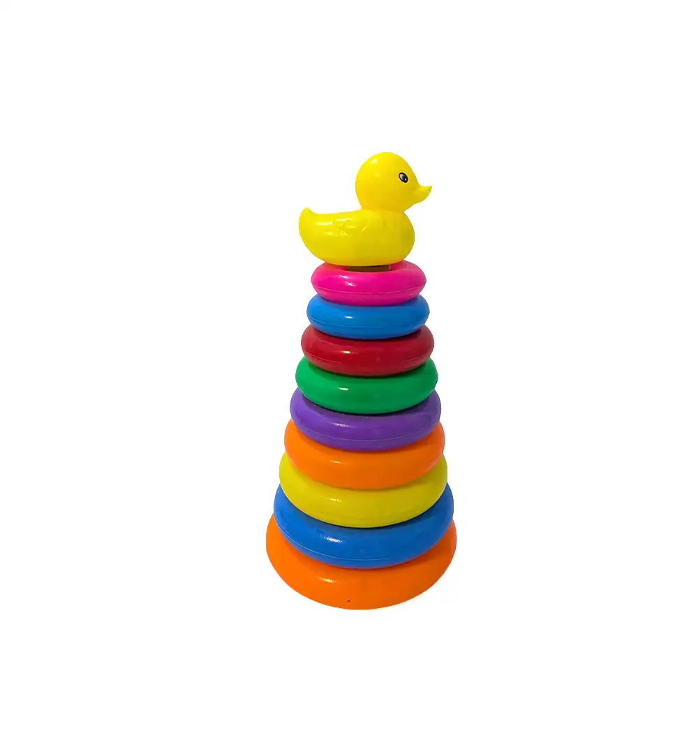 Medium Rainbow Stacking Rings Toy with Yellow Duck Topper | Educational Stacking Cone Set for Toddlers 9 Rainbow Stacking Rings Toy