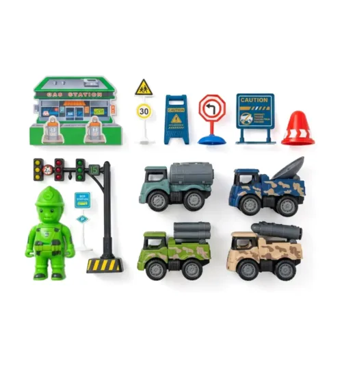 13 Pcs Military Vehicle Play Set with Toy Trucks, Solider & Traffic Signs