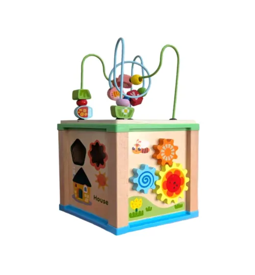 Multifunctional Wooden Activity Cube Toy for Toddlers with Bead Maze & Whiteboard