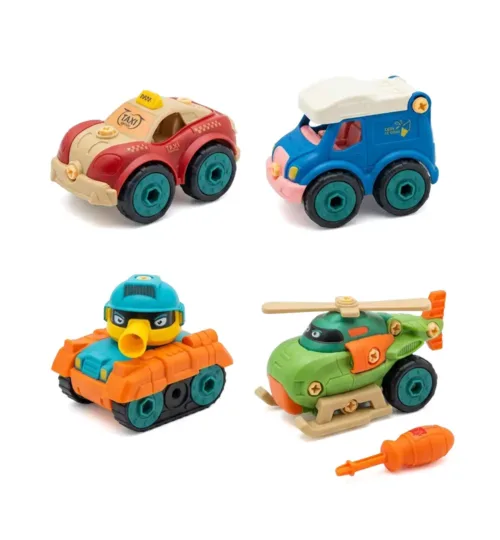 4-Pack DIY Take Apart Vehicle Toy Set with Helicopter, Tank, Taxi & Camper | STEM Building Toys for Toddlers