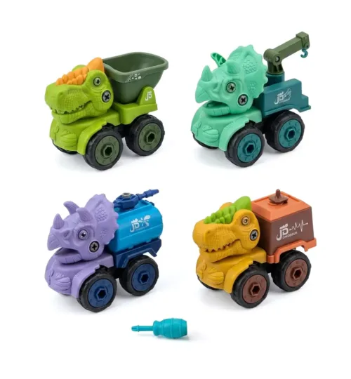 4-Pack Dinosaur Take Apart Construction Trucks Toy Set with Screwdriver | DIY Assembly Dino Vehicles for Kids