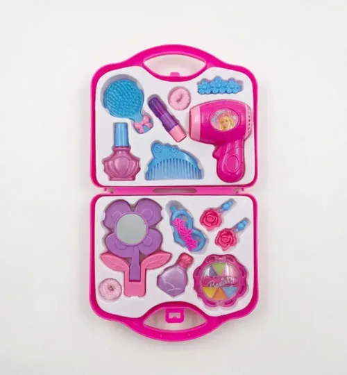 Kids Pretend Play Beauty Salon Set – Portable Makeup & Hair Styling Kit Case with Hair Dryer, Mirror & Accessories