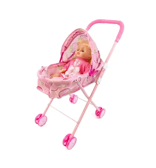 Cute Baby Doll in Folding Trolley Stroller Playset with Movable Arms & Strawberry Pram for Kids