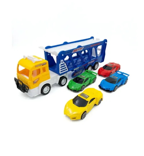 2-Deck Toy Car Transporter Truck Set with 4 Mini Race Cars for Kids